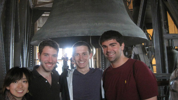 John Secaras, Brady '14 with two fellow Northwestern students and one  who joined the program from Japan. They climbed to the top of the bell  tower of the historic Cologne Cathedral in Germany